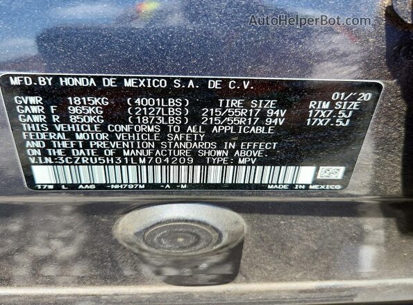 3CZRU5H31LM704209 2020 HONDA HR-V Gray Vista de la etiqueta del VIN