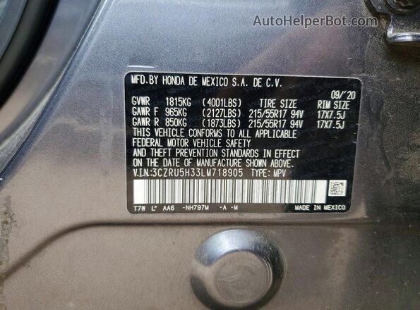3CZRU5H33LM718905 2020 HONDA HR-V Gray Вид наклейки з VIN-кодом