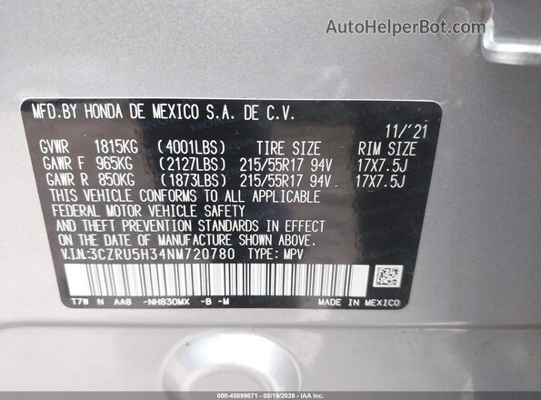 3CZRU5H34NM720780 2022 HONDA HR-V Silver Շարժիչի բաժամունքի տեսք