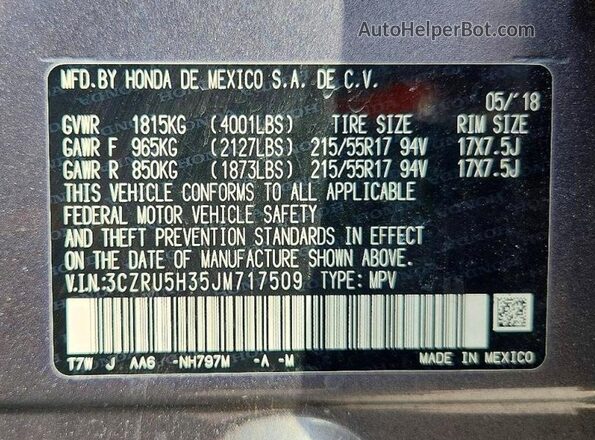 3CZRU5H35JM717509 2018 HONDA HR-V Gray Widok komory silnika