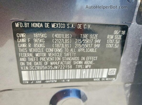 3CZRU5H35JM722158 2018 HONDA HR-V Gray Вид наклейки з VIN-кодом