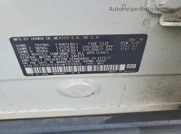 3CZRU5H36HM703869 2017 HONDA HR-V White VIN sticker view