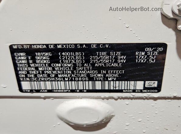3CZRU5H36LM718896 2020 HONDA HR-V White Вид наклейки з VIN-кодом