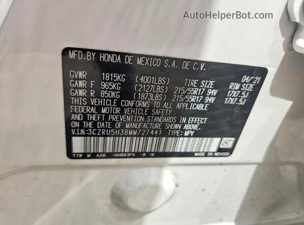 3CZRU5H38MM727441 2021 HONDA HR-V White Вид наклейки з VIN-кодом