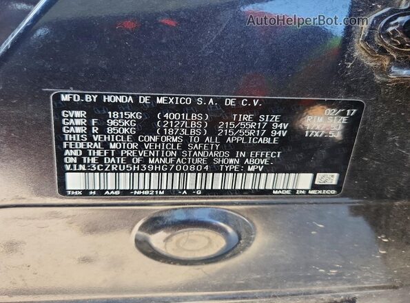 3CZRU5H39HG700804 2017 HONDA HR-V Gray VIN կոդի պիտակի տեսք