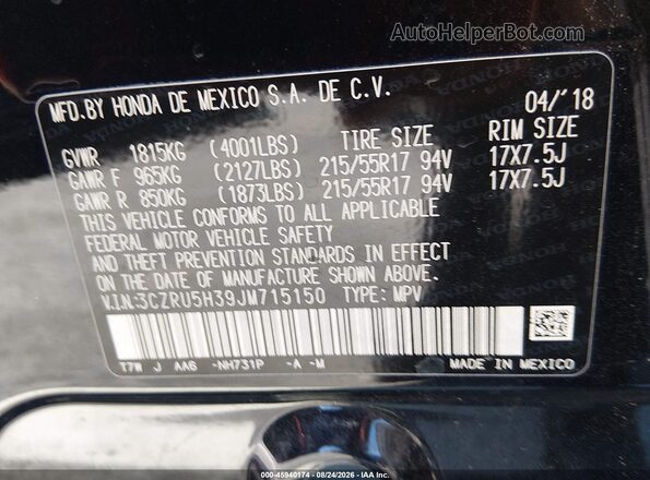 3CZRU5H39JM715150 2018 HONDA HR-V Black Вид підкапотного простору