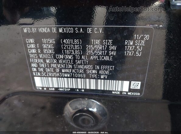 3CZRU5H39MM710969 2021 HONDA HR-V Black Vista del compartimento del motor