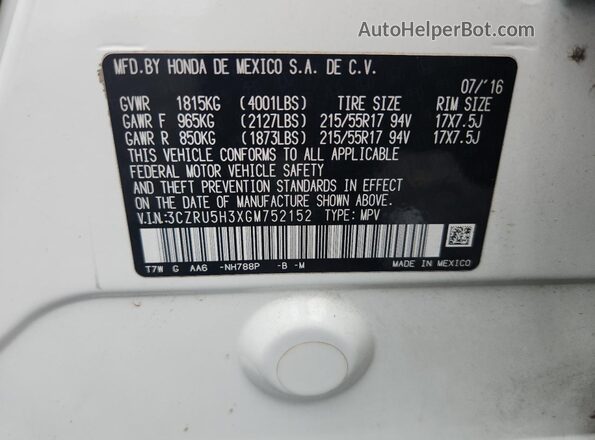 3CZRU5H3XGM752152 2016 HONDA HR-V Белый Вид наклейки с VIN-кодом