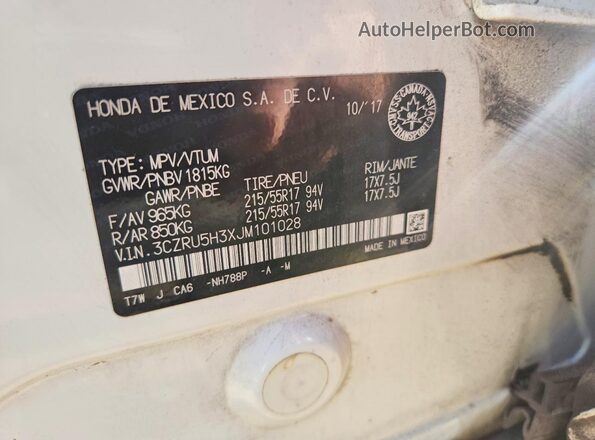 3CZRU5H3XJM101028 2018 HONDA HR-V White Widok naklejki z numerem VIN