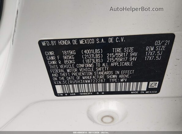 3CZRU5H3XMM722287 2021 HONDA HR-V White Vista del compartimento del motor
