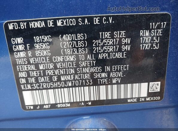 3CZRU5H50JM707133 2018 HONDA HR-V Blue Вид підкапотного простору