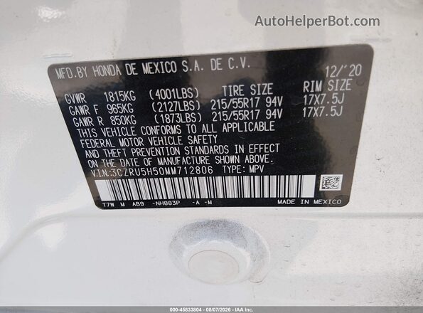 3CZRU5H50MM712806 2021 HONDA HR-V White Vista del compartimento del motor