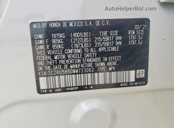 3CZRU5H50MM723062 2021 HONDA HR-V White VIN sticker view