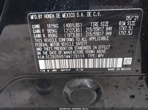3CZRU5H51MM729114 2021 HONDA HR-V Black ძრავის განყოფილების ხედი