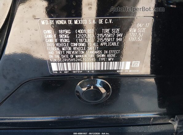 3CZRU5H52HG703545 2017 HONDA HR-V Black Vista del compartimento del motor