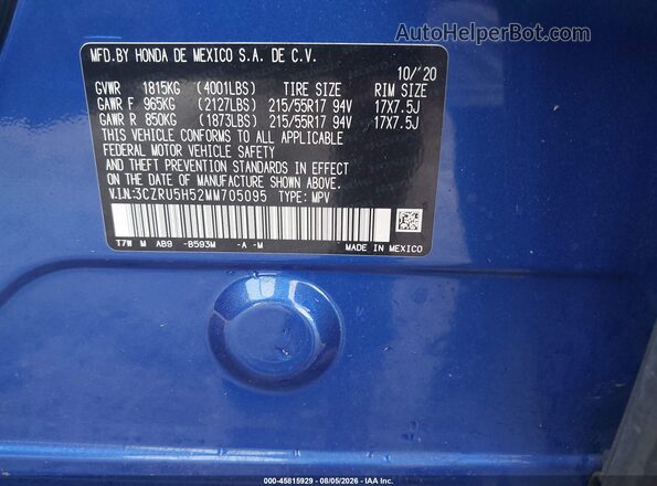 3CZRU5H52MM705095 2021 HONDA HR-V Blue Widok komory silnika