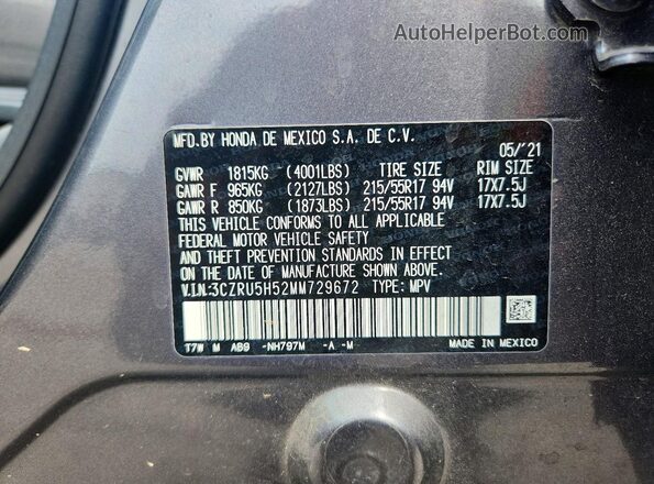 3CZRU5H52MM729672 2021 HONDA HR-V Gray Widok wnętrza 360 stopni