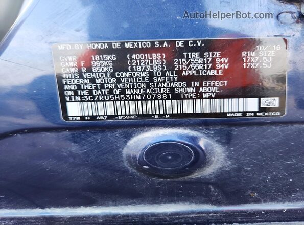 3CZRU5H53HM707881 2017 HONDA HR-V Blue VIN կոդի պիտակի տեսք