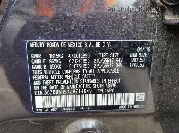 3CZRU5H54JM714649 2018 HONDA HR-V Gray Вид наклейки з VIN-кодом
