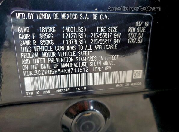3CZRU5H54KM711512 2019 HONDA HR-V Blue Widok naklejki z numerem VIN