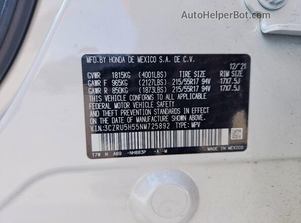 3CZRU5H55NM725892 2022 HONDA HR-V White 360 interior view