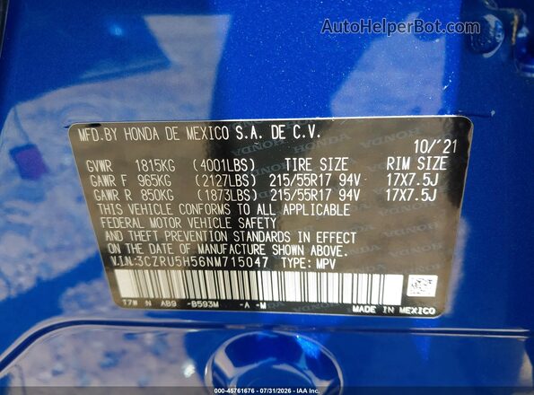 3CZRU5H56NM715047 2022 HONDA HR-V Синий Вид подкапотного пространства