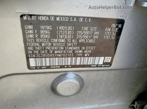 3CZRU5H57HM702103 2017 HONDA HR-V Silver Widok naklejki z numerem VIN