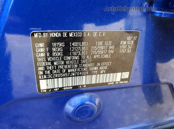 3CZRU5H57JM704004 2018 HONDA HR-V Blue VIN կոդի պիտակի տեսք