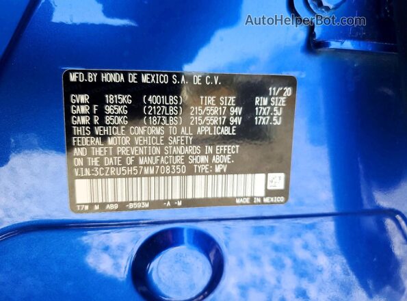 3CZRU5H57MM708350 2021 HONDA HR-V Blue Սալոնի 360 աստիճան տեսք