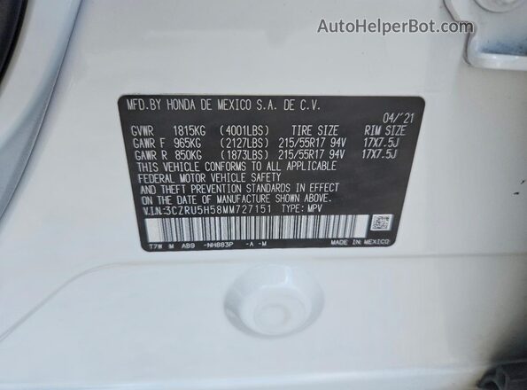 3CZRU5H58MM727151 2021 HONDA HR-V White Widok naklejki z numerem VIN