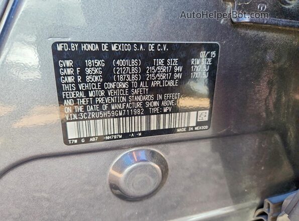 3CZRU5H59GM711982 2016 HONDA HR-V Gray Vista de la etiqueta del VIN