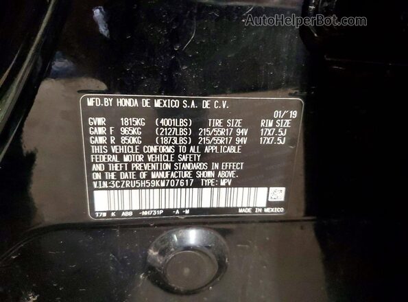 3CZRU5H59KM707617 2019 HONDA HR-V Black VIN կոդի պիտակի տեսք