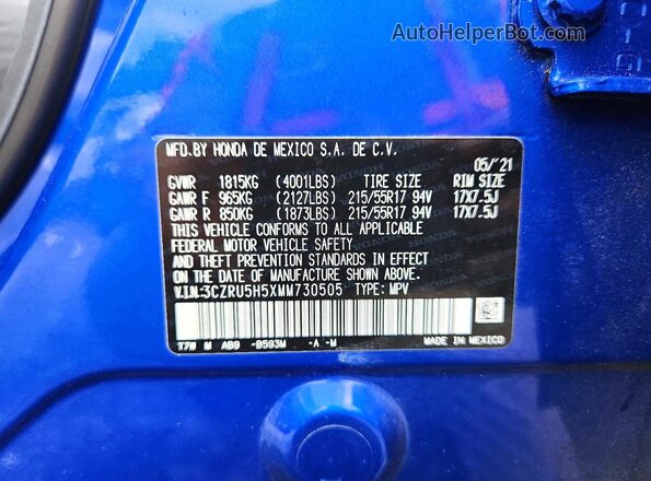 3CZRU5H5XMM730505 2021 HONDA HR-V Blue VIN კოდის სტიკერის ხედი