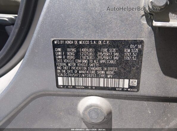 3CZRU5H72JM708253 2018 HONDA HR-V Silver ძრავის განყოფილების ხედი
