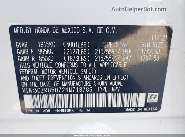 3CZRU5H72NM718786 2022 HONDA HR-V White Շարժիչի բաժամունքի տեսք