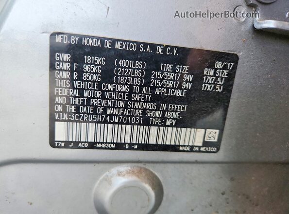 3CZRU5H74JM701031 2018 HONDA HR-V Серебряный Вид наклейки с VIN-кодом