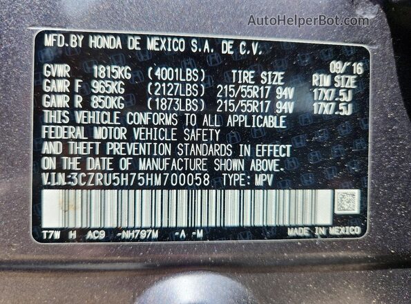 3CZRU5H75HM700058 2017 HONDA HR-V Gray Widok naklejki z numerem VIN