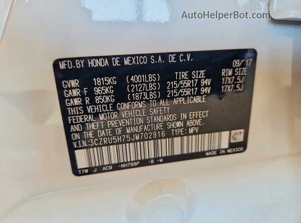 3CZRU5H75JM702916 2018 HONDA HR-V White VIN կոդի պիտակի տեսք