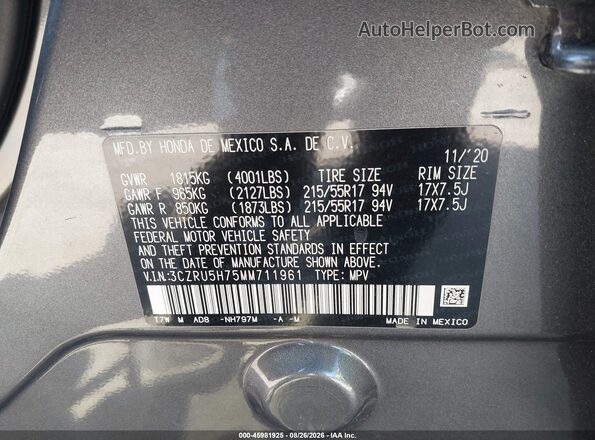 3CZRU5H75MM711961 2021 HONDA HR-V Gray Вид підкапотного простору