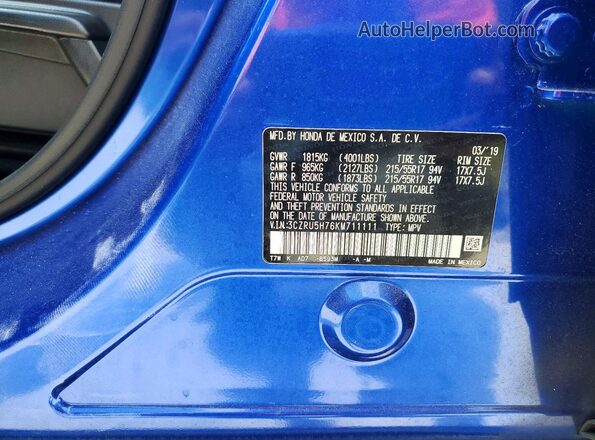 3CZRU5H76KM711111 2019 HONDA HR-V Blue Вид наклейки з VIN-кодом