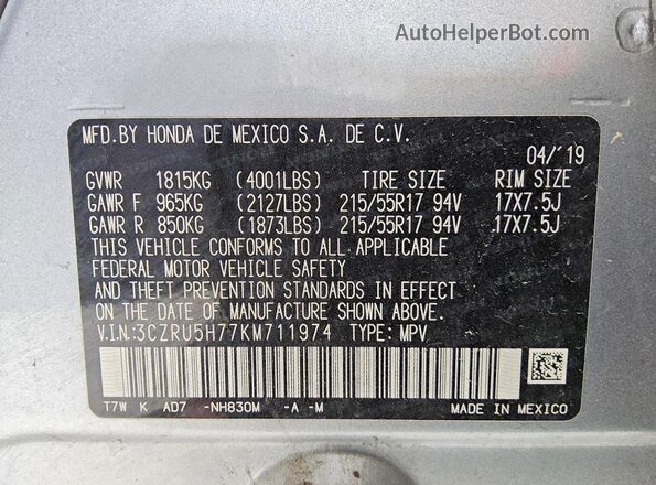 3CZRU5H77KM711974 2019 HONDA HR-V Silver VIN կոդի պիտակի տեսք