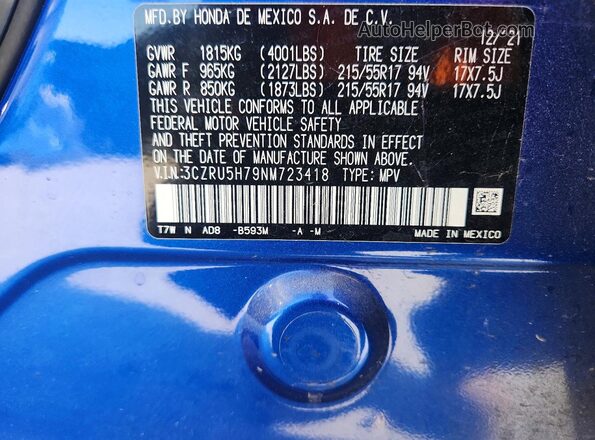 3CZRU5H79NM723418 2022 HONDA HR-V Blue VIN sticker view