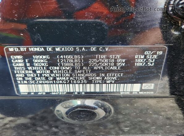 3CZRU6H10KG716935 2019 HONDA HR-V Black 360 interior view