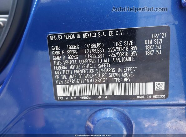 3CZRU6H11MM728631 2021 HONDA HR-V Blue Vista del compartimento del motor