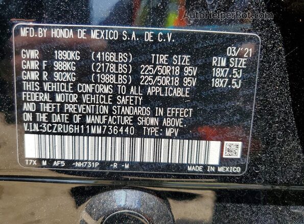 3CZRU6H11MM736440 2021 HONDA HR-V Black Вид наклейки з VIN-кодом