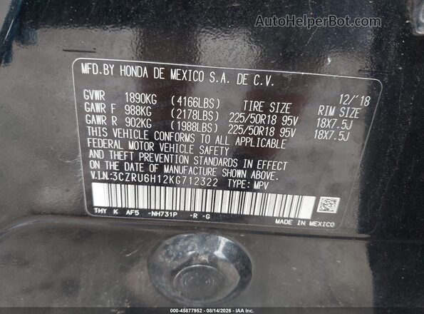 3CZRU6H12KG712322 2019 HONDA HR-V Black Vista del compartimento del motor