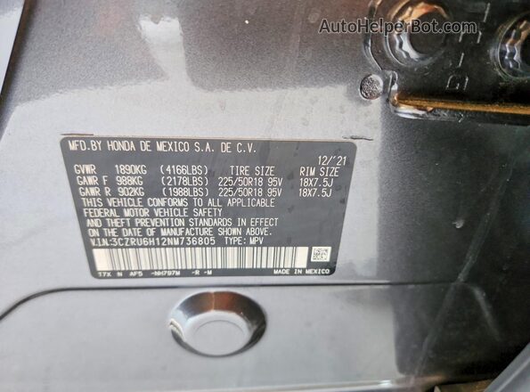 3CZRU6H12NM736805 2022 HONDA HR-V Charcoal Vista de la etiqueta del VIN