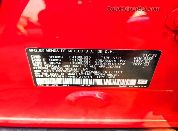 3CZRU6H14NM727944 2022 HONDA HR-V Red Vista de la etiqueta del VIN