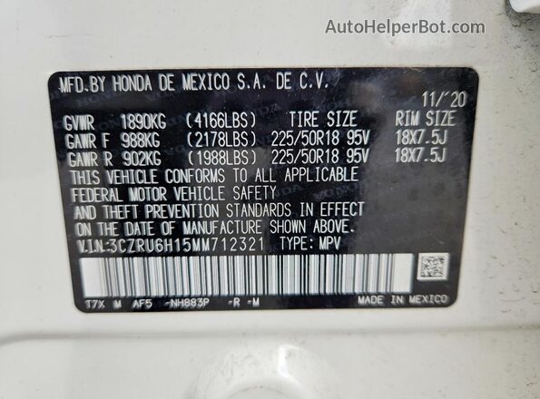 3CZRU6H15MM712321 2021 HONDA HR-V White VIN կոդի պիտակի տեսք