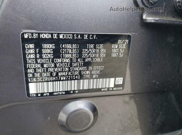 3CZRU6H17MM721540 2021 HONDA HR-V Gray Вид наклейки з VIN-кодом